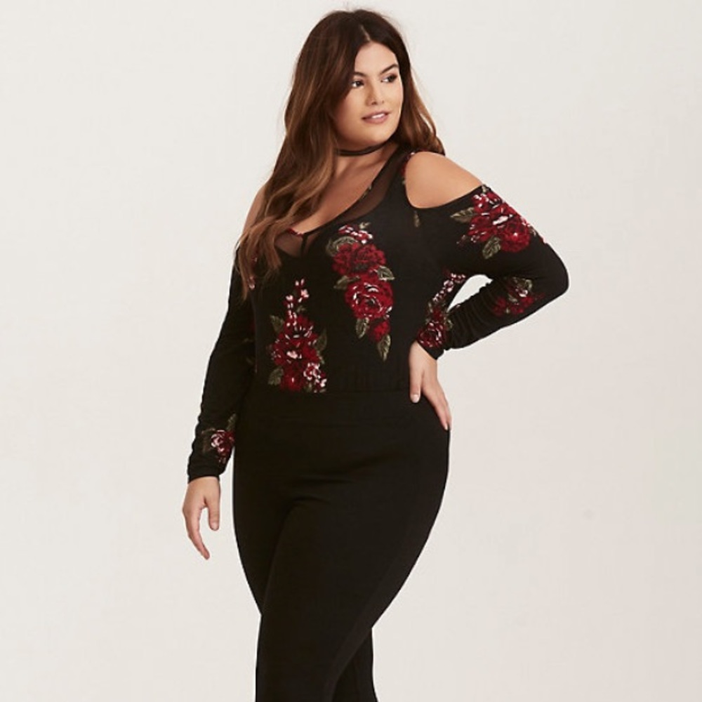 Torrid Floral Print Mesh Inset Cold Shoulder Top